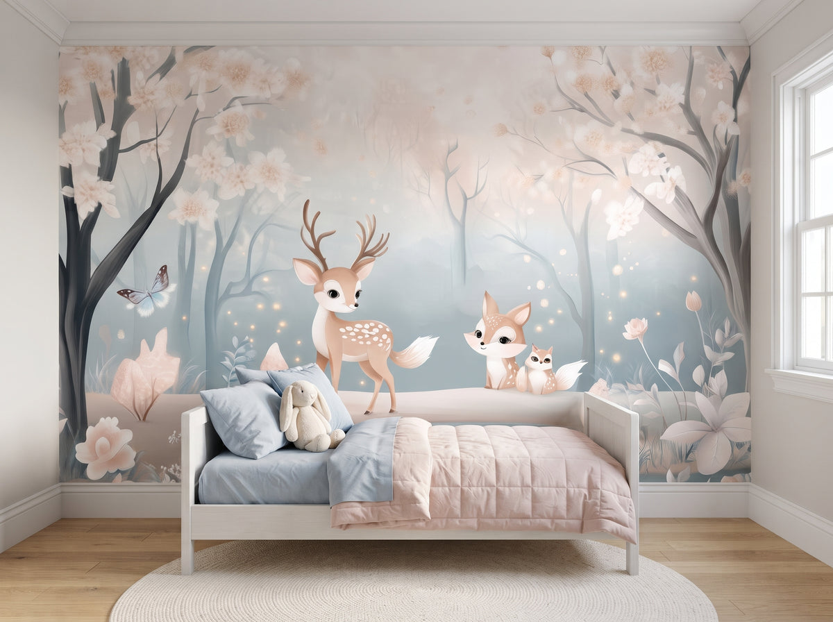 Close-up of the pastel deer and blossom tree detail