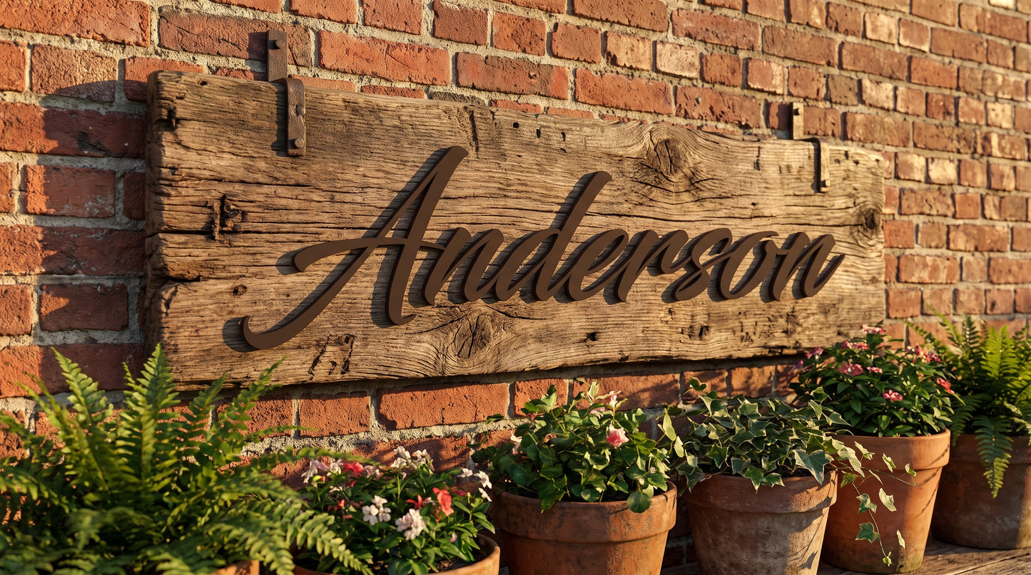 Custom family wood name sign "Anderson" on a rustic wood plank against a brick exterior wall