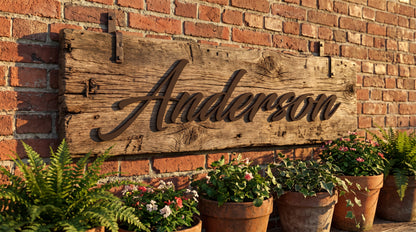 Custom family wood name sign "Anderson" on a rustic wood plank against a brick exterior wall