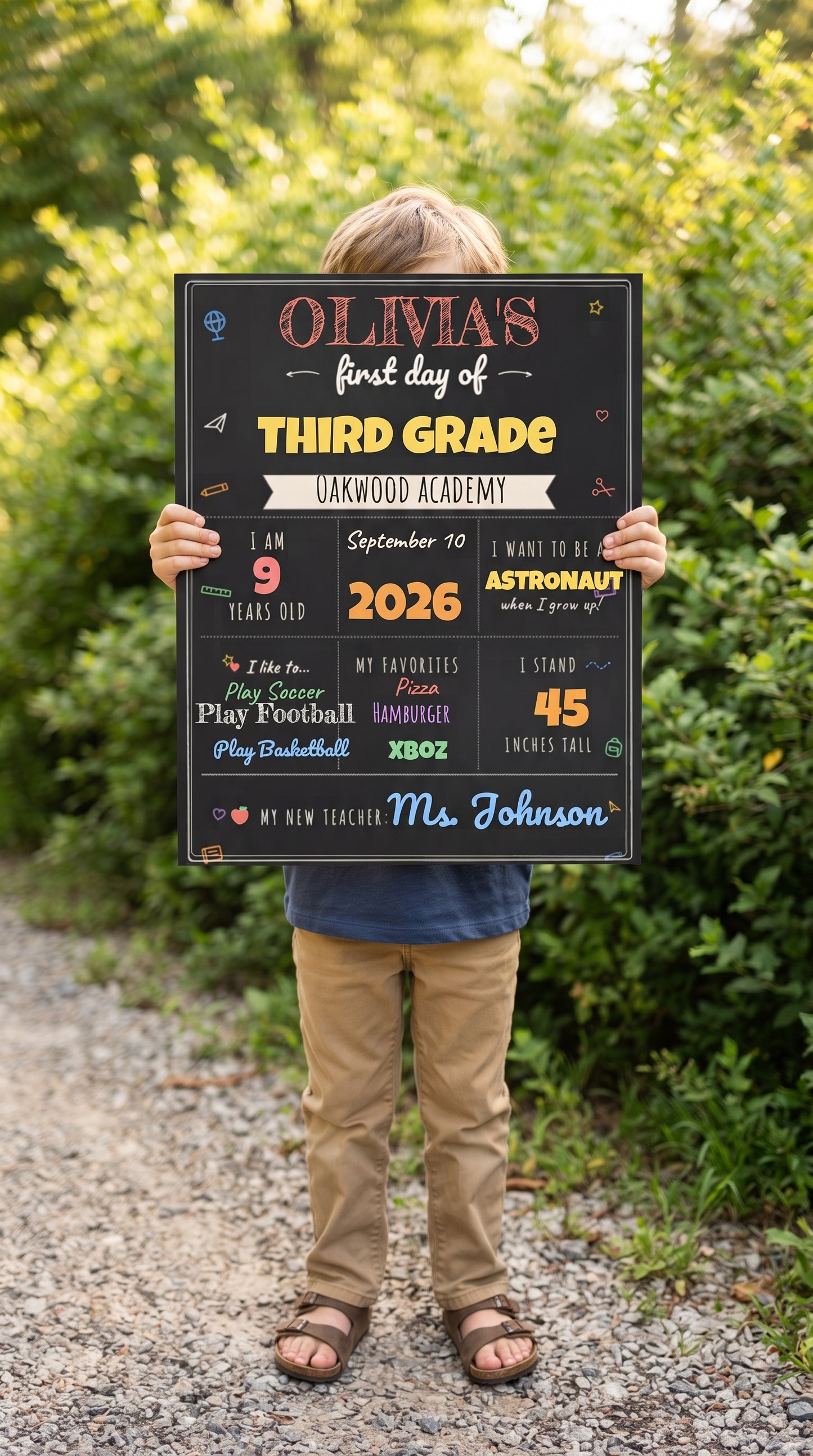 Boy holding a personalized first day of third grade sign with printed details