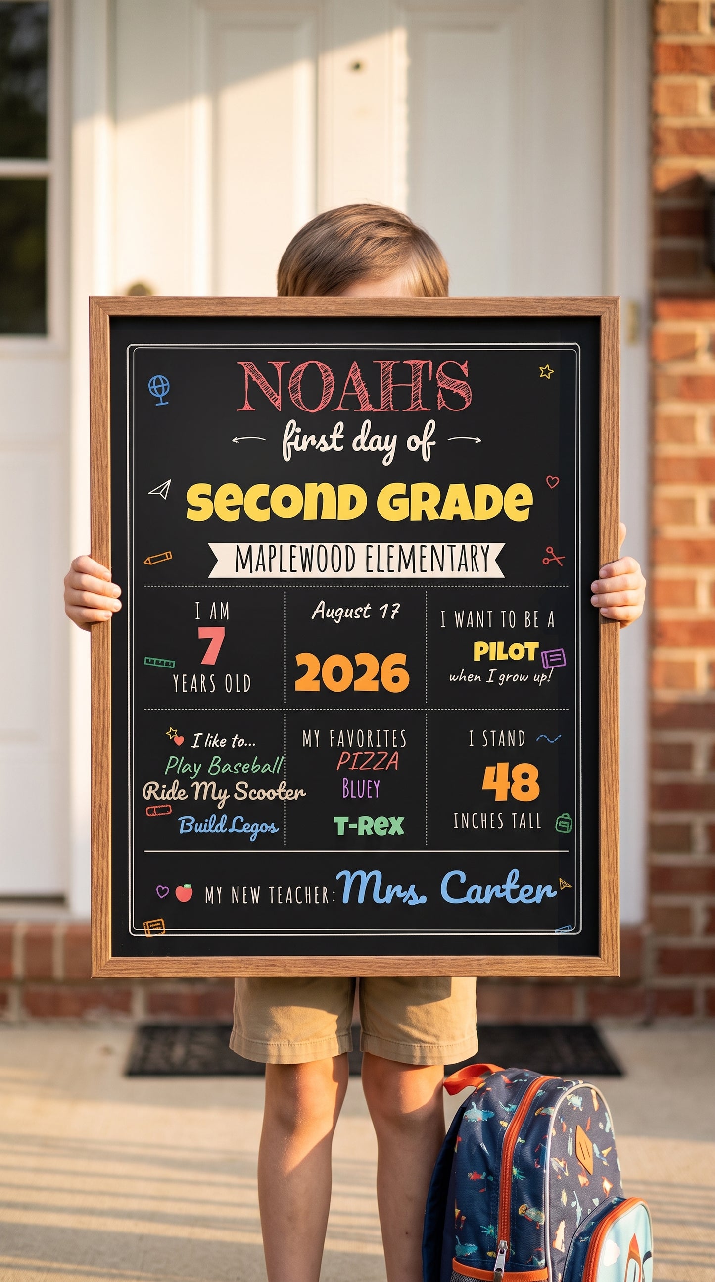 Boy holding a personalized first day of second grade sign on a gravel garden path