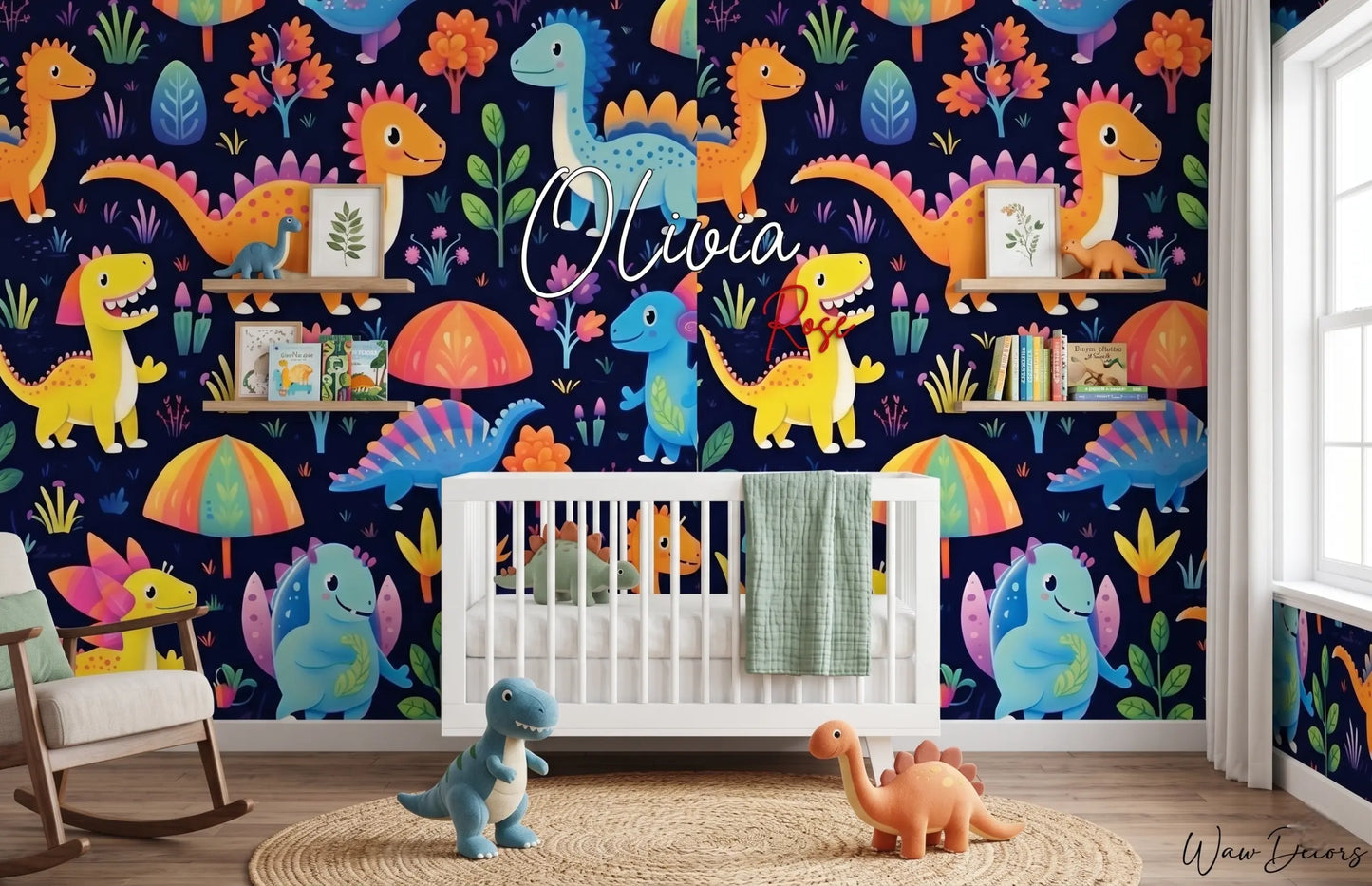 Custom "Olivia Rose" wood name sign against a colorful dinosaur wallpaper mural