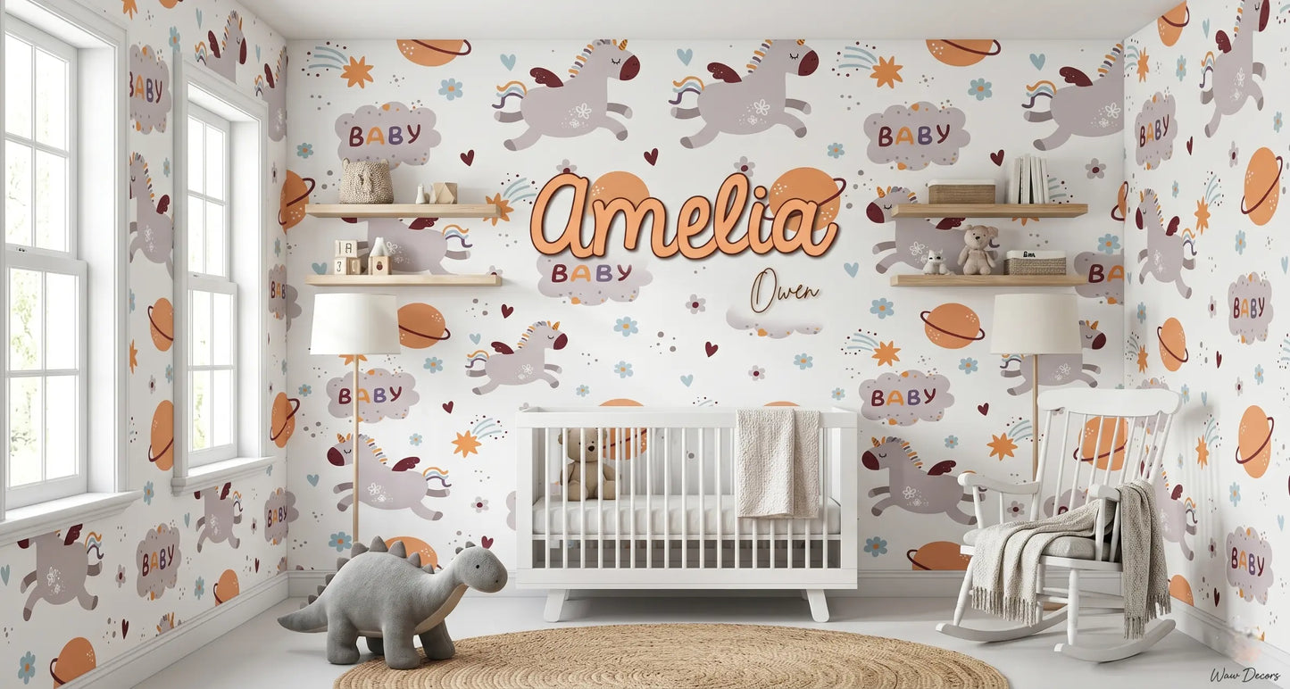 Custom "Amelia Owen" wood name sign against a pastel animal-print wallpaper mural