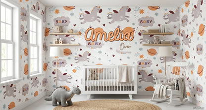 Custom "Amelia Owen" wood name sign against a pastel animal-print wallpaper mural