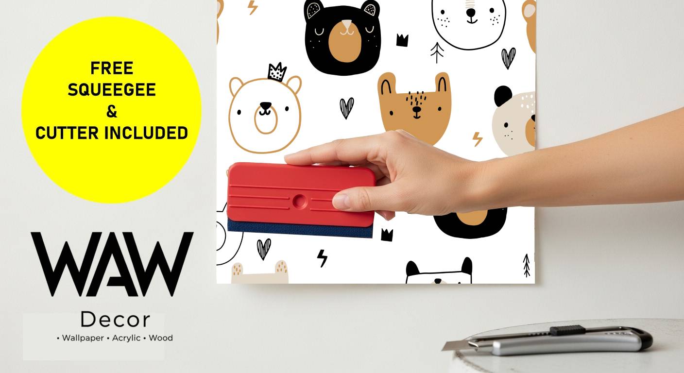 Graphic showing a free application kit with a red squeegee tool smoothing down a bear patterned wall panel.