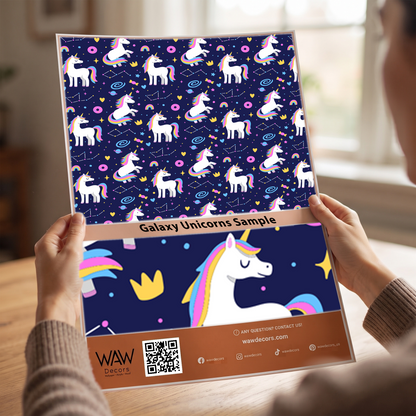 Close-up detail of the galaxy unicorns nursery wallpaper print showing constellations and planets