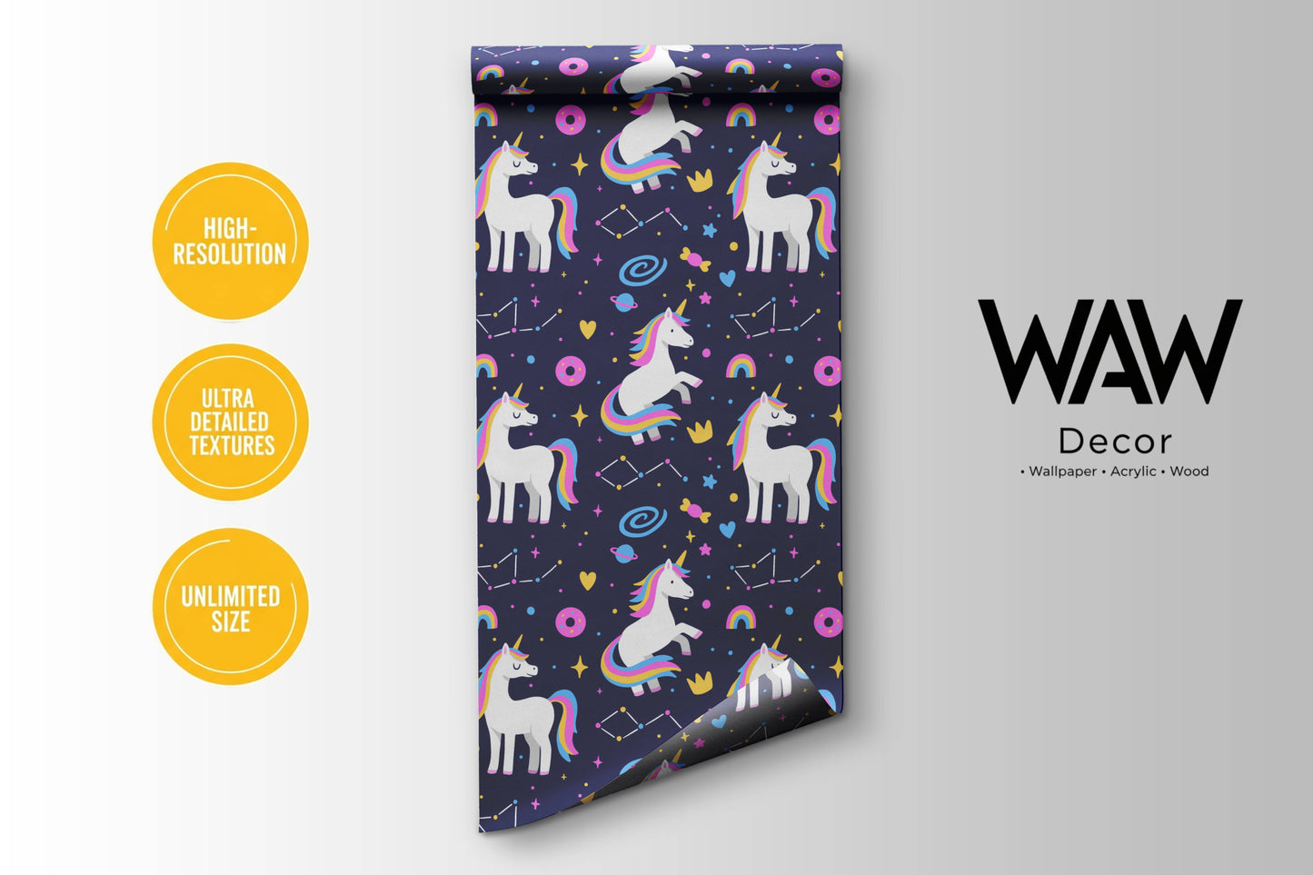 WAW Decors galaxy unicorns wallpaper roll, high-resolution print in unlimited custom sizes