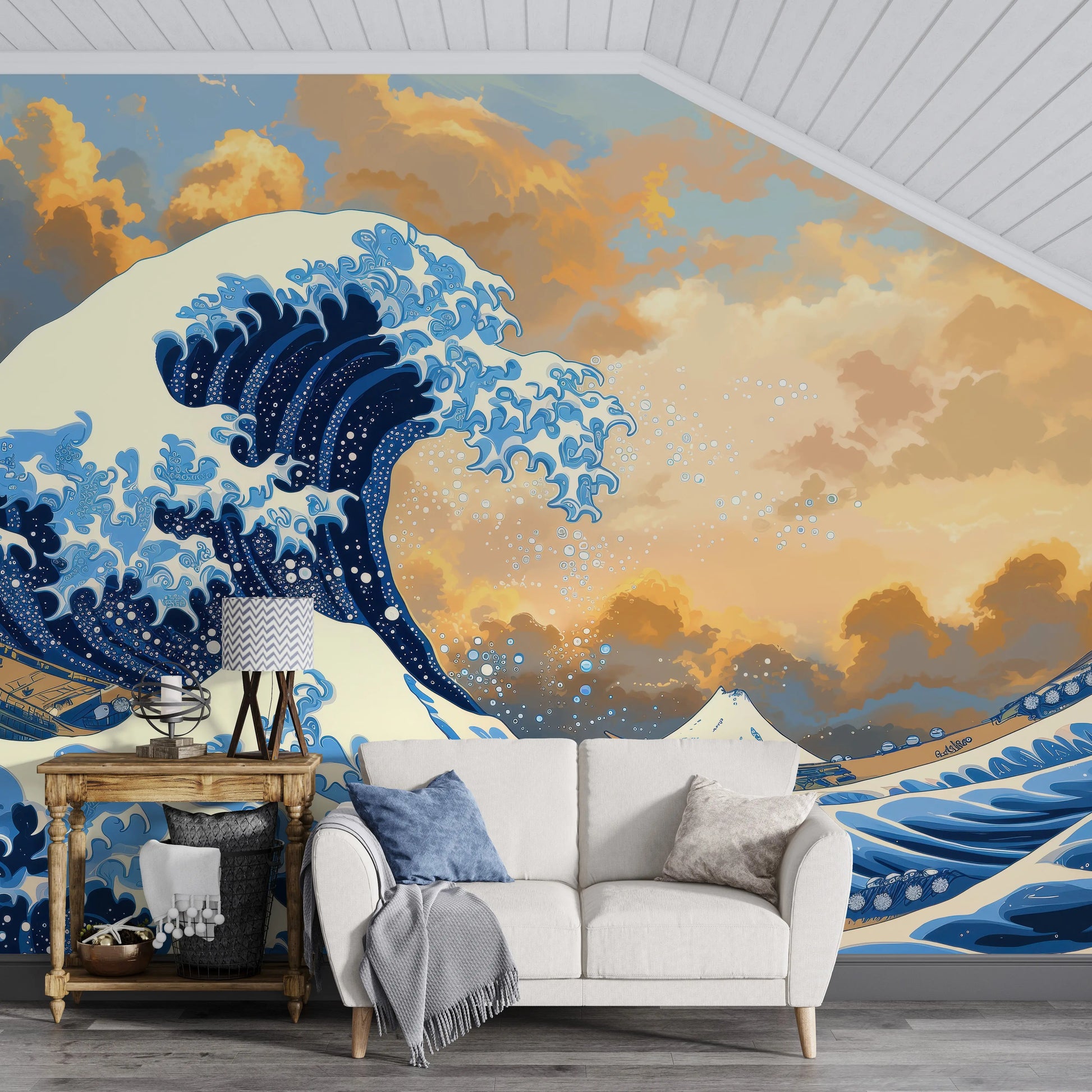 Great Wave off Kanagawa wall mural in an attic loft space with a white loveseat under a sloped ceiling