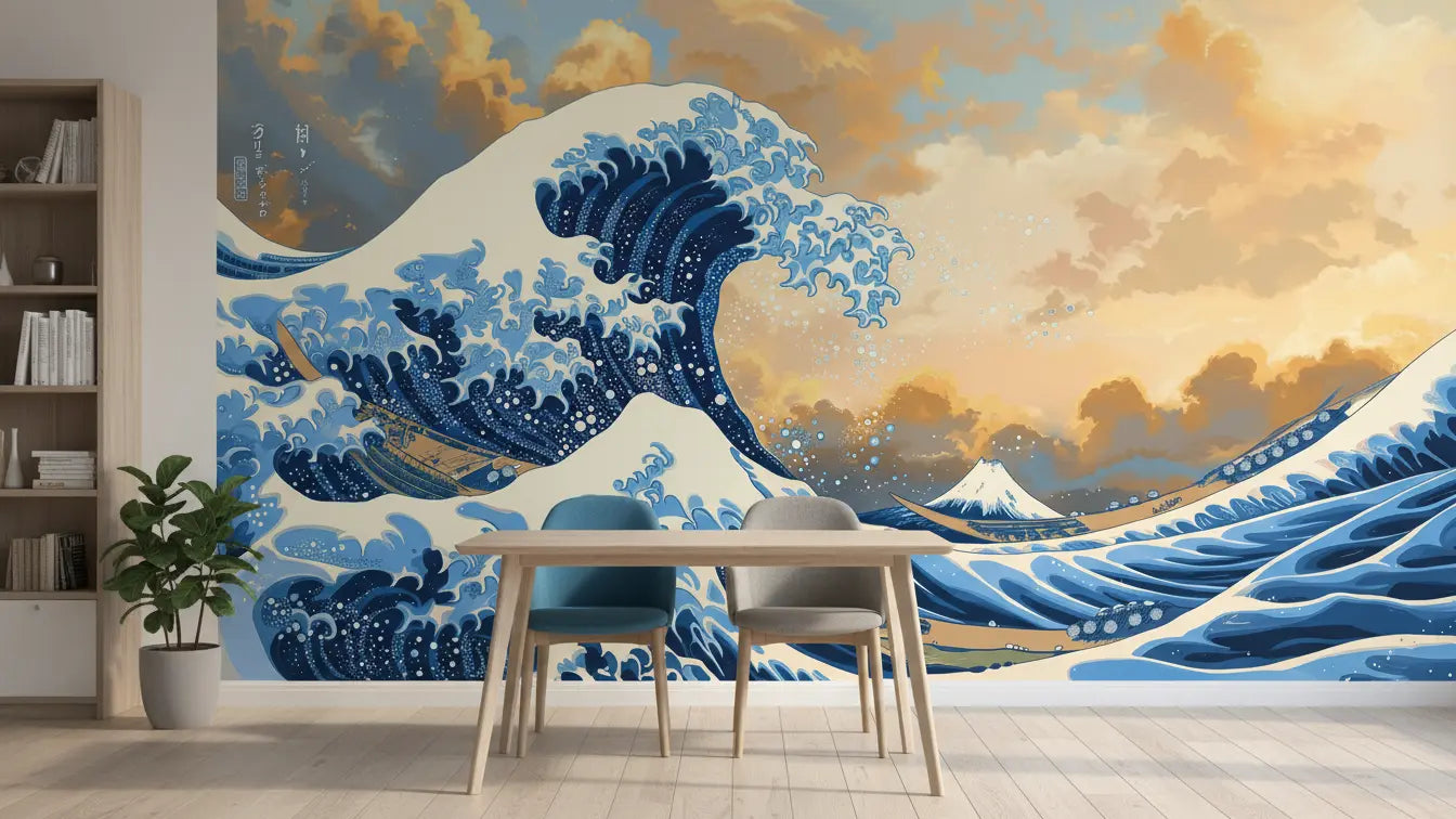Great Wave off Kanagawa wall mural behind a wooden dining table and chairs