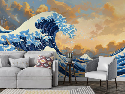 Great Wave off Kanagawa wall mural behind a gray sofa and armchair with a cactus accent table