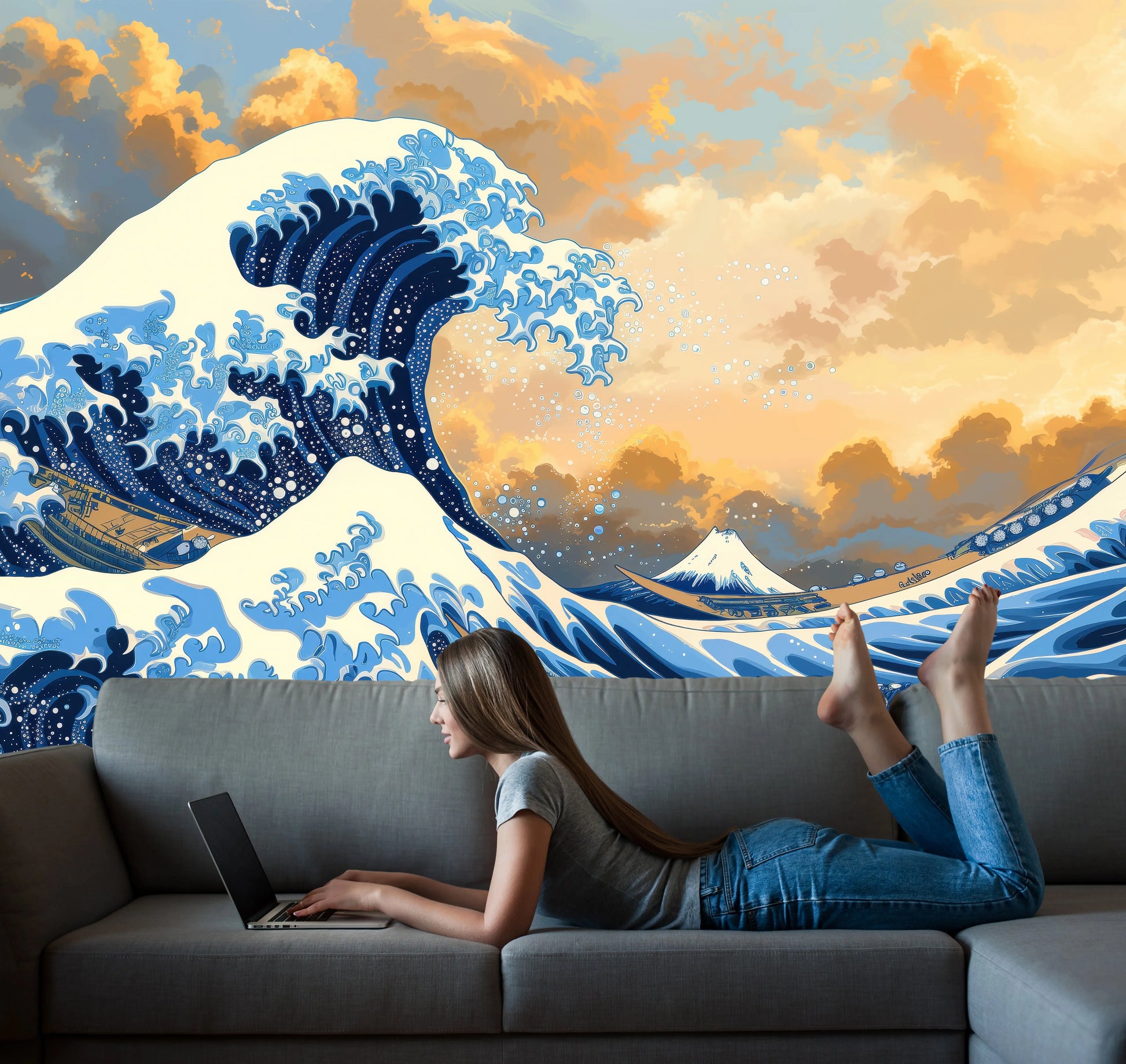Woman relaxing on a sofa with a laptop in front of the Great Wave off Kanagawa wall mural