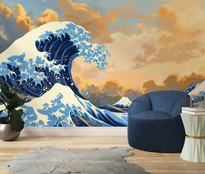 Great Wave off Kanagawa wall mural behind a navy blue accent chair and cowhide rug