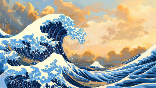 Close-up detail of the Great Wave off Kanagawa mural print showing fine texture and Mount Fuji in the background