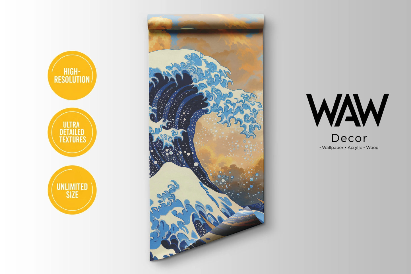 WAW Decors wallpaper roll featuring the Great Wave off Kanagawa mural design, high-resolution print in unlimited custom sizes