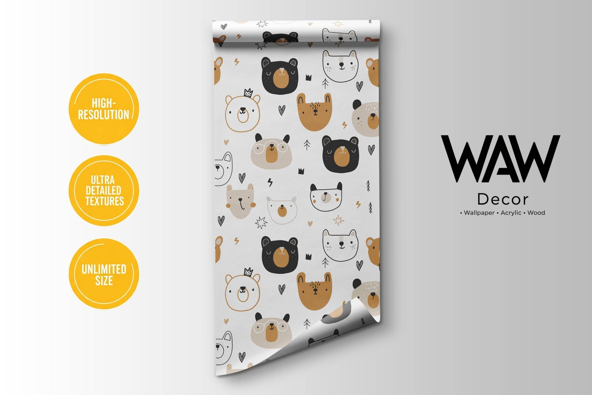 A vertical roll preview displaying high resolution details and texture icons of the neutral woodland bear wallpaper pattern.