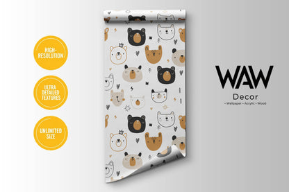 A vertical roll preview displaying high resolution details and texture icons of the neutral woodland bear wallpaper pattern.