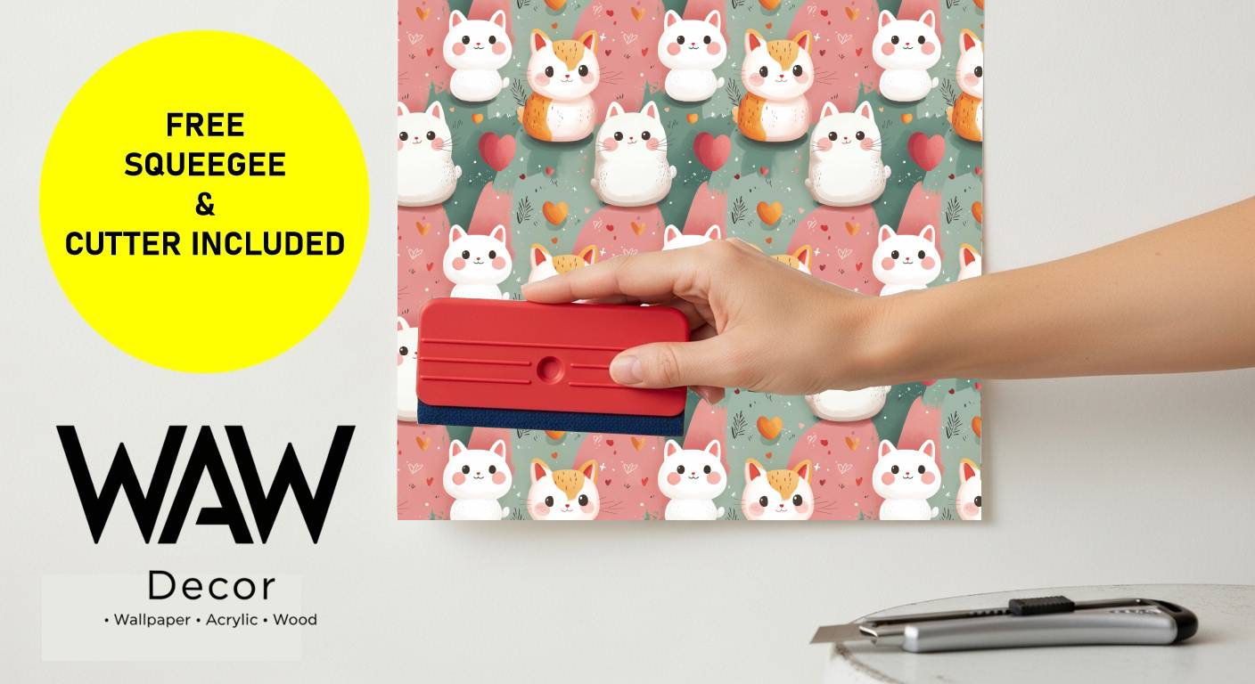 Applying the kawaii kittens wallpaper mural with the free included squeegee and cutter tools