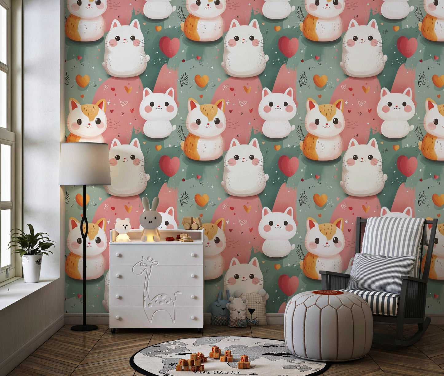  Kawaii kittens wallpaper behind a white dresser with a nightlight, plush toys, and a floor lamp
