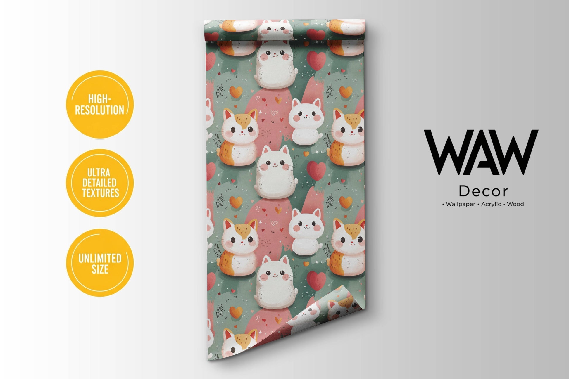 WAW Decors kawaii kittens wallpaper roll, high-resolution print in unlimited custom sizes