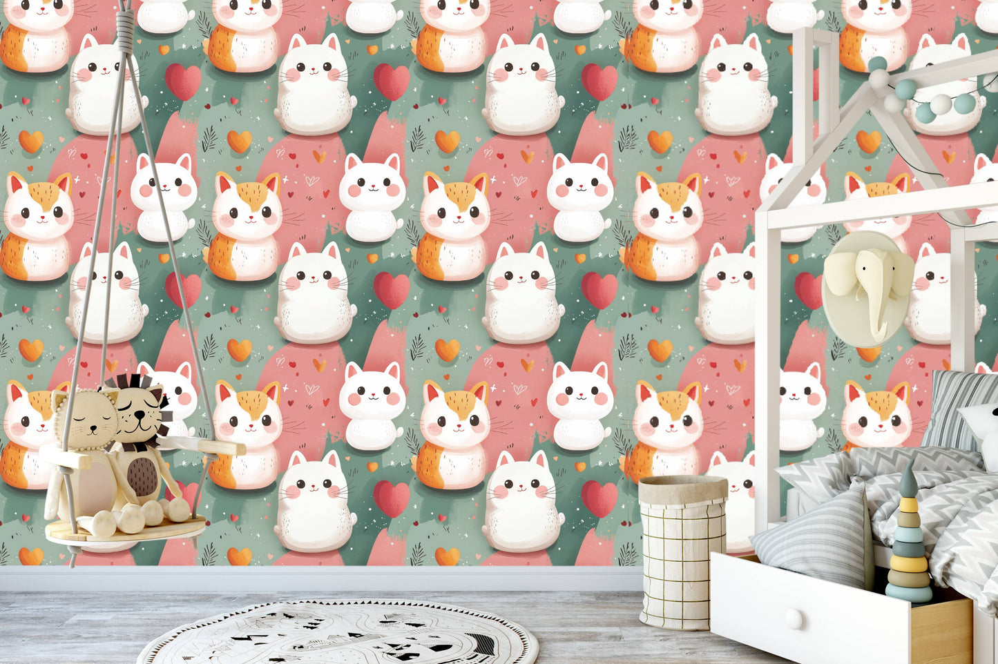 Kawaii kittens wallpaper behind a hanging swing chair with lion and cat plush toys
