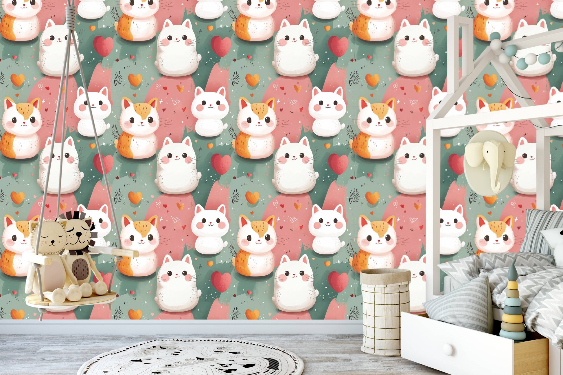 Kawaii kittens wallpaper behind a hanging swing chair with lion and cat plush toys