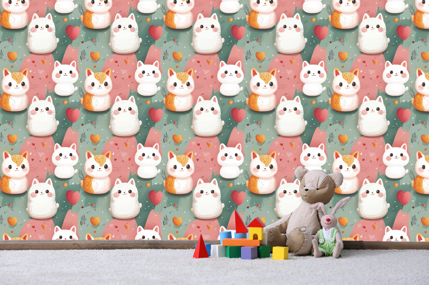Kawaii kittens nursery wallpaper behind wooden building blocks and a teddy bear on a cream carpet
