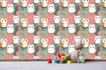Kawaii kittens nursery wallpaper behind wooden building blocks and a teddy bear on a cream carpet