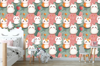 Kawaii kittens wallpaper behind a white unicorn-shaped headboard bed with a floral wreath accent