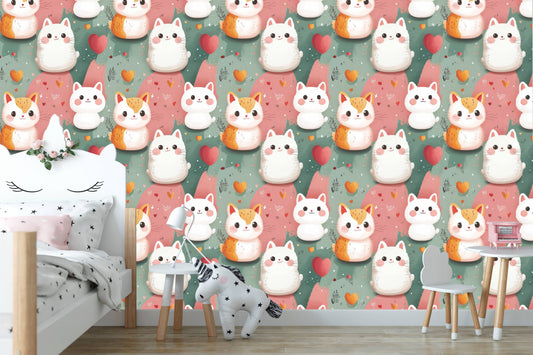 Kawaii kittens wallpaper behind a white unicorn-shaped headboard bed with a floral wreath accent