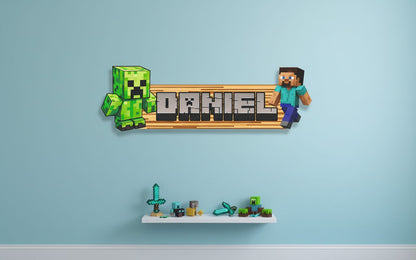 Minecraft Wood Name Sign, Personalized Name Sign, Kids Room Decor, Gamer Bedroom Wall Art, Boys Birthday Gift, Custom Name Sign