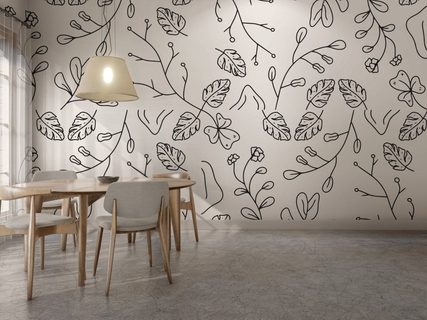 Minimal botanical line art wallpaper behind a wooden dining table and chairs