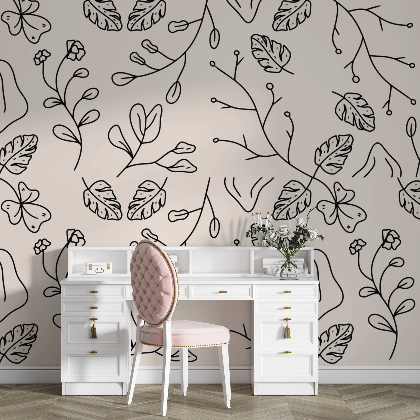 Minimal line art botanical wallpaper behind a white vanity desk with a pink stool