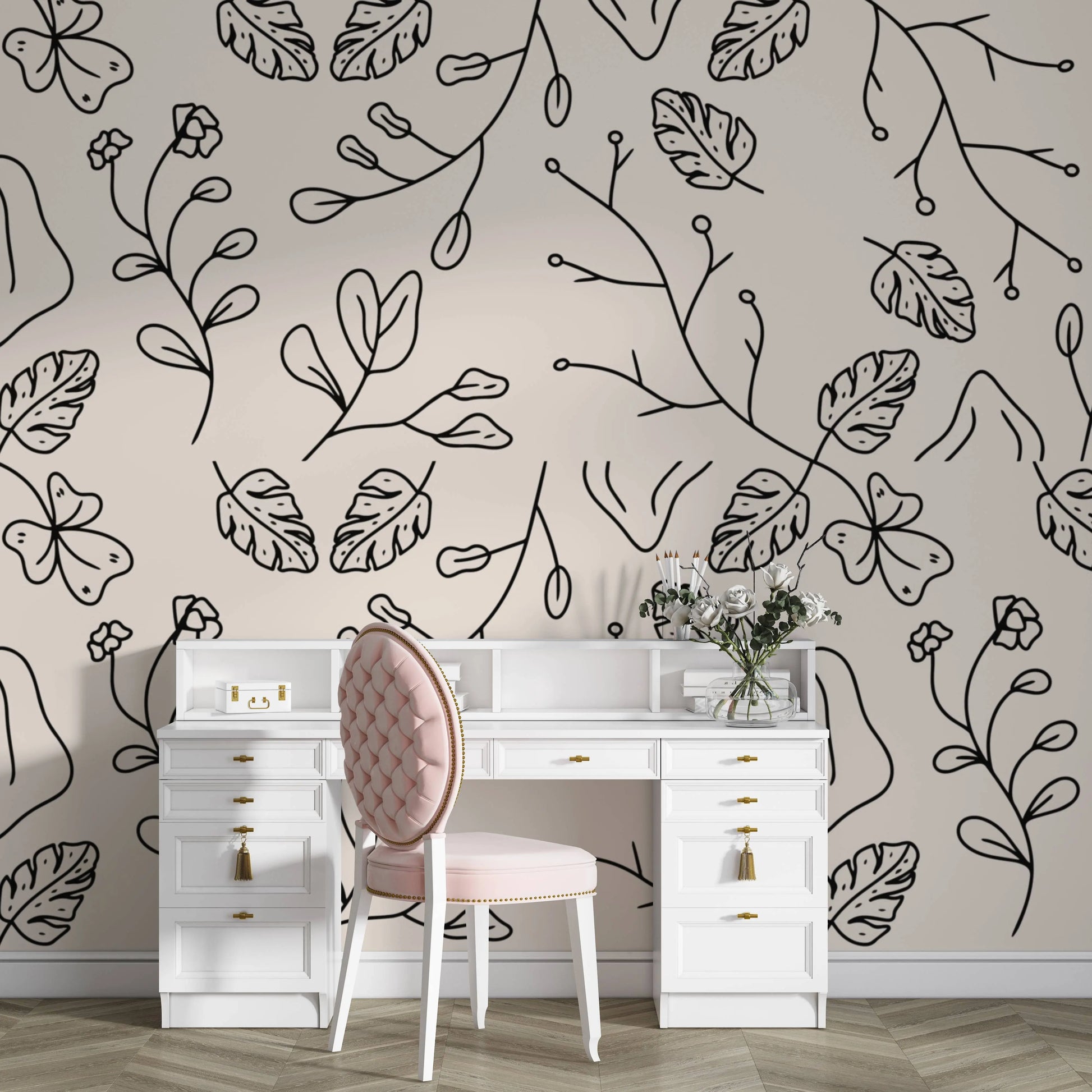 Minimal line art botanical wallpaper behind a white vanity desk with a pink stool