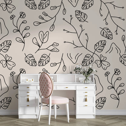 Minimal line art botanical wallpaper behind a white vanity desk with a pink stool
