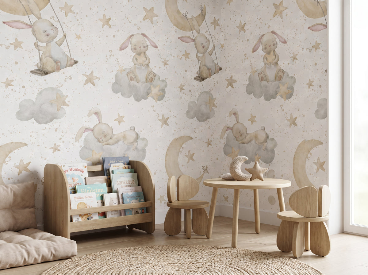 Bunny wallpaper paired with a matching wood name sign