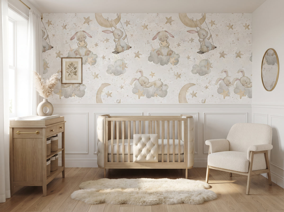 Moon and stars nursery wallpaper with bunnies in a neutral playroom