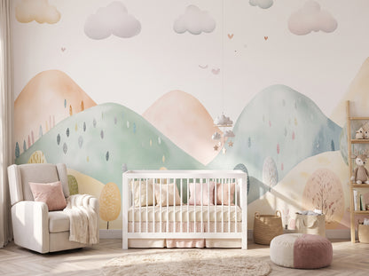 Wall size guide for custom mountain nursery wallpaper