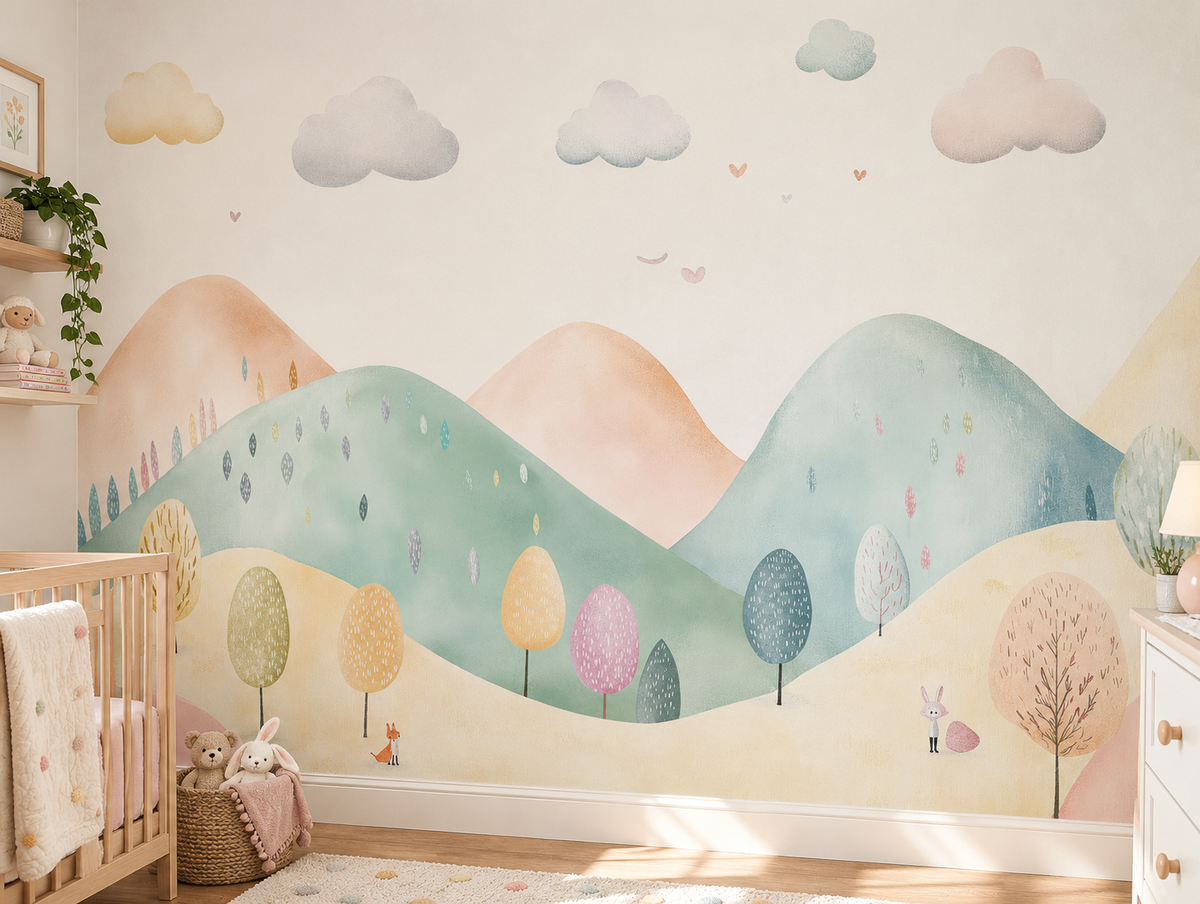 Pastel watercolor mountain nursery wallpaper behind a wooden crib
