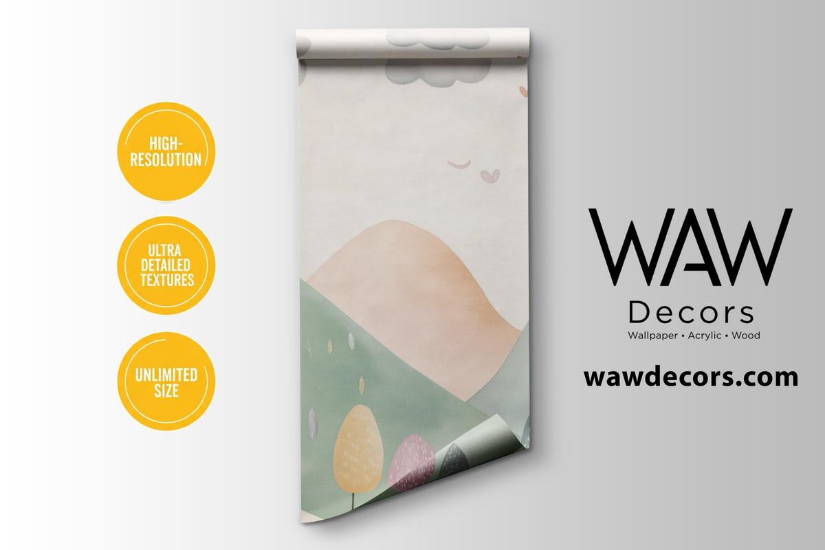 Mountain Nursery Wallpaper – Pastel Watercolor Hills, Clouds & Trees Peel and Stick Wall Mural for Kids Room