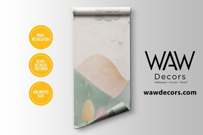 Mountain Nursery Wallpaper – Pastel Watercolor Hills, Clouds & Trees Peel and Stick Wall Mural for Kids Room