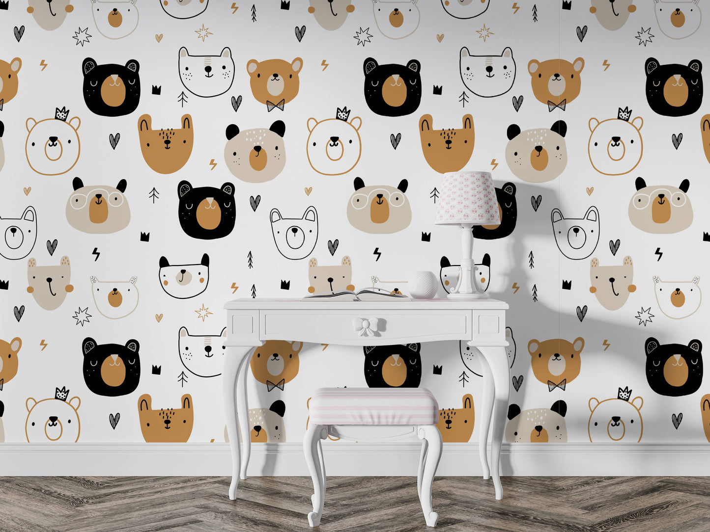 A white elegant study desk set against a cute repeating Nordic bear face wallpaper mural in a kids room.