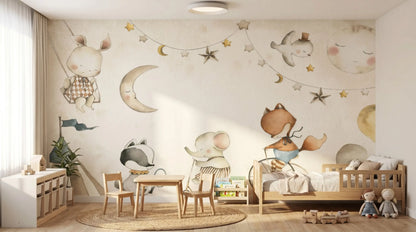 Moon and stars woodland animals nursery mural design without personalization