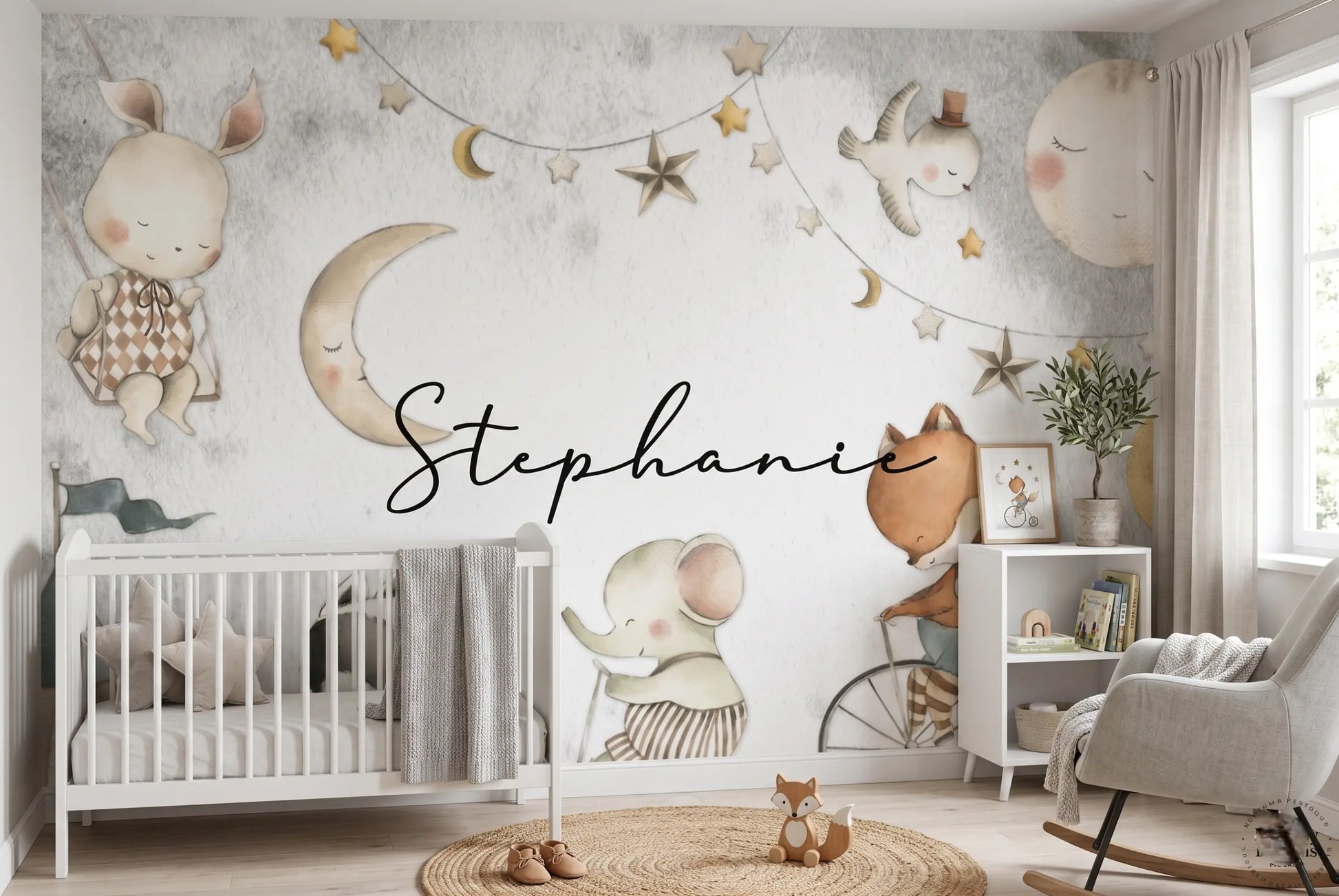 Moon and stars nursery mural with the name "Stephanie" printed in black script