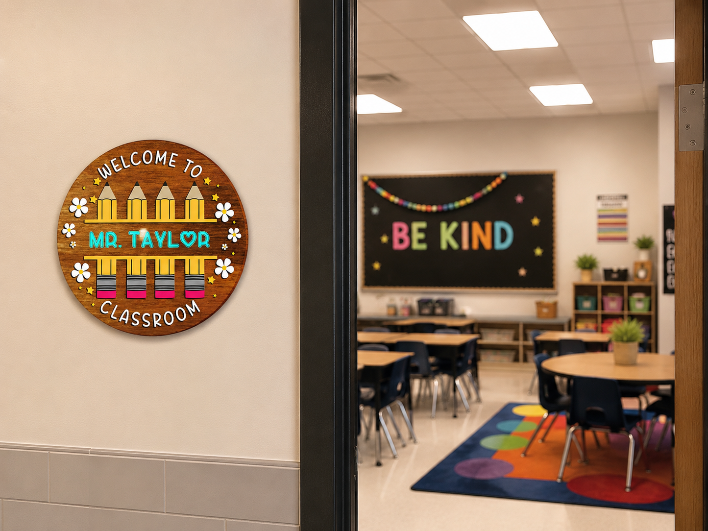 Round personalized teacher sign for classroom decor with custom name color
