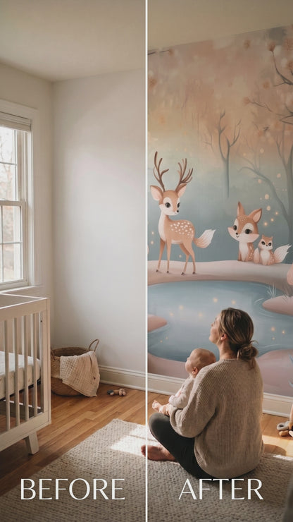 Deer Nursery Wallpaper Peel and Stick, Pastel Forest Fox and Blossom Wall Mural