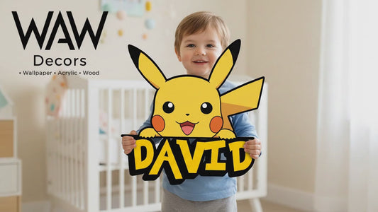 Personalized Wooden Name Sign for Kids Room, Custom Wall Decor, Pikachu Wood Name Sign Gift