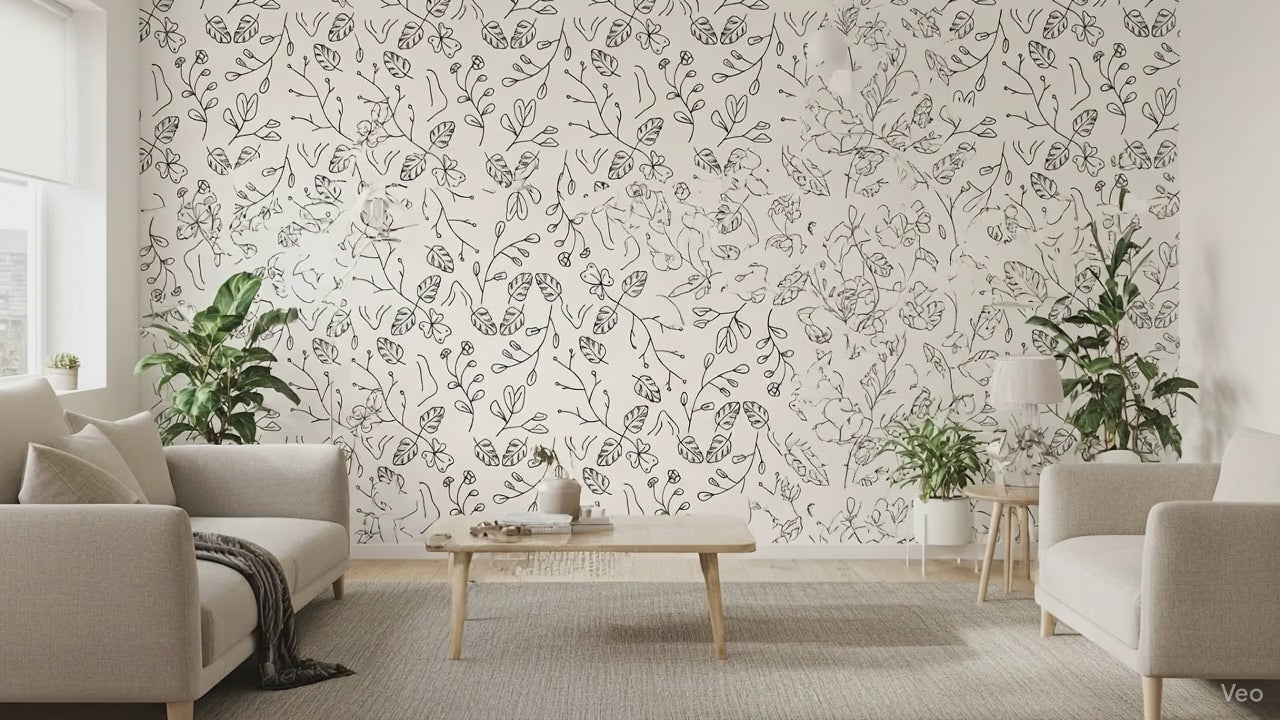 Video preview of the minimal line art botanical wallpaper installed in a bright living room with plants