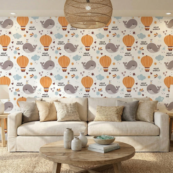 Video preview of the Hello World whale wallpaper installed behind a crib in a bright bedroom