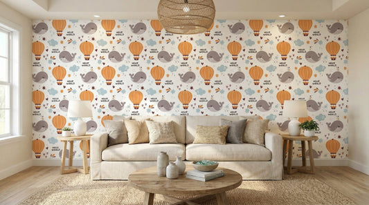 Video preview of the Hello World whale wallpaper installed behind a crib in a bright bedroom