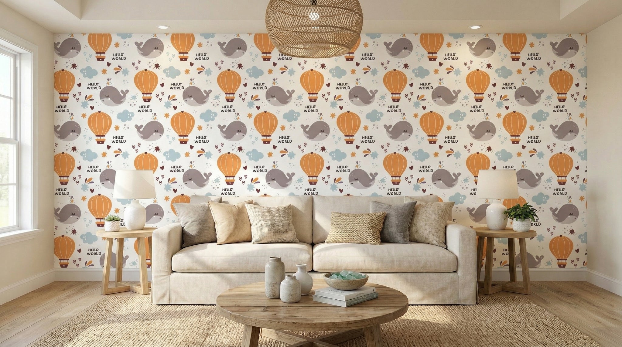 Video preview of the Hello World whale wallpaper installed behind a crib in a bright bedroom